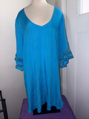 Ekouaer Vibrant Blue V-Neck Tunic with Sheer Sleeve Detail